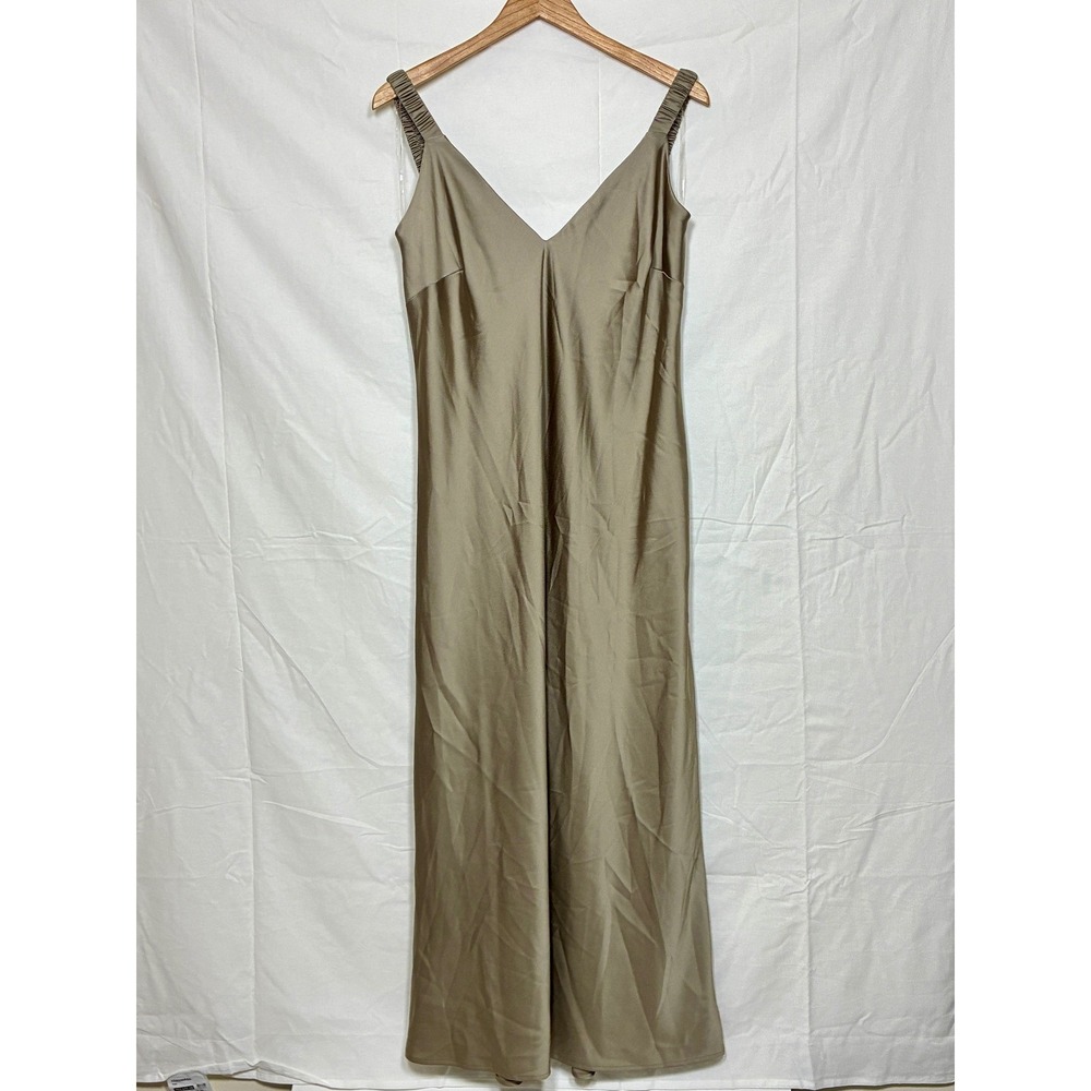 A New Day Maxi Satin Slip Dress Size L Taupe V-Neck Strappy Glam Event Vacation